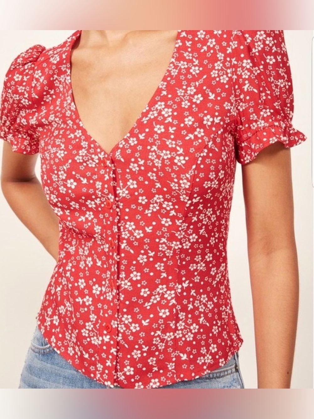 Reformation Button Up V-Neck Red Floral Blouse Size S